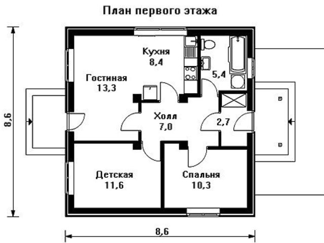Одноэтажный дом из кирпича с двумя спальнями.
